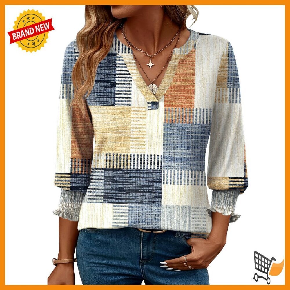 Women's 3/4 Sleeve V-Neck Blouse with Ruffle Cuffs Business Casual Top